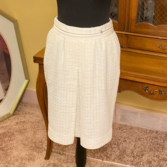 Salvatore Ferragamo White Tweed Kick Pleat Skirt.